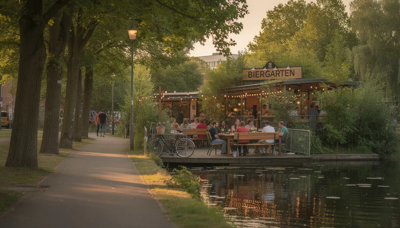 Ein malerischer Spazierweg am Landwehrkanal führt vorbei an Bäumen und bietet einen Blick auf den beliebten Biergarten Jockel in Kreuzberg, wo Familien und Freunde bei Snacks und Getränken entspannen können. Der Biergarten, gelegen in der Ratiborstraße 14c, ist ein beliebter Ort für Veranstaltungen und Events in Berlin.