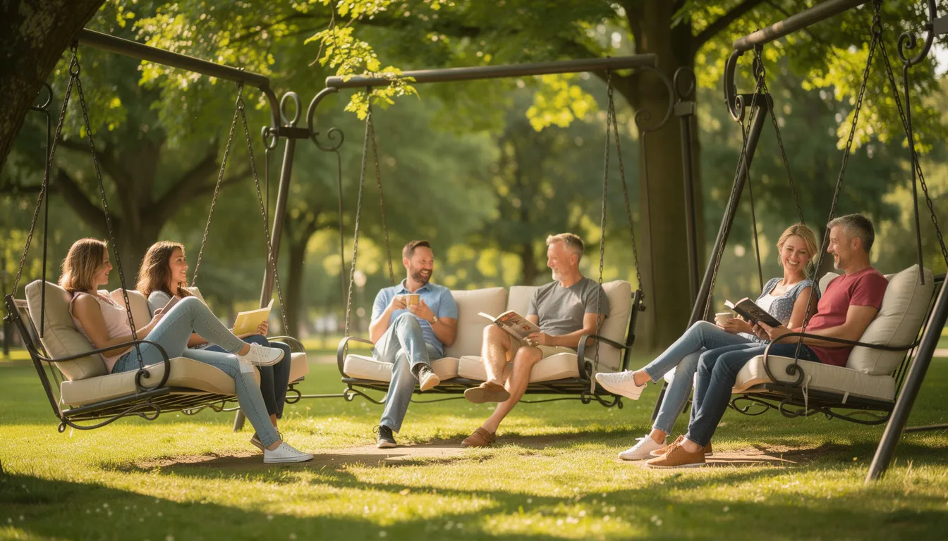 Im Bild entspannen Menschen auf Hollywoodschaukeln, die unter schattenspendenden Bäumen stehen. Die Atmosphäre ist ruhig und einladend, ideal für einen entspannten Tag im Biergarten Golgatha im Viktoriapark, umgeben von der Natur und dem geschäftigen Leben in Berlin Kreuzberg.