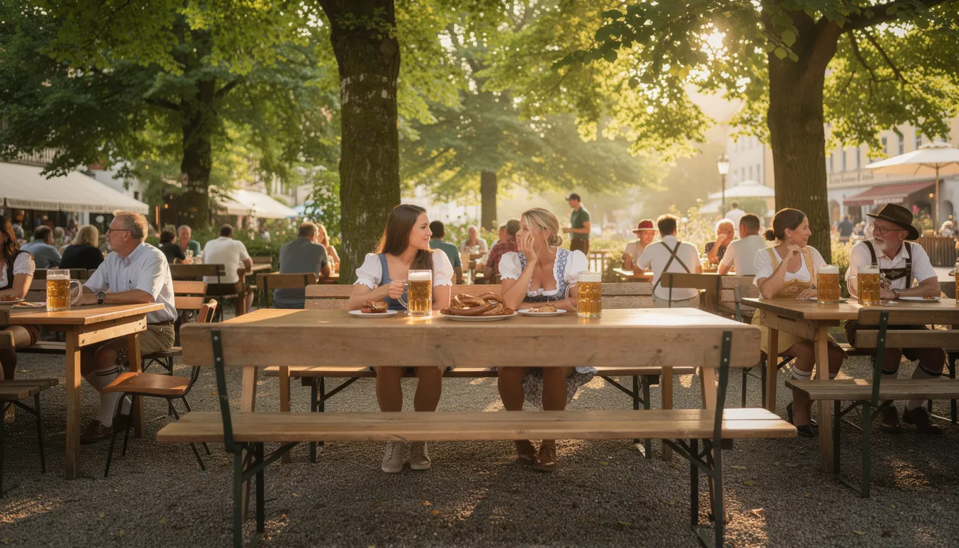 Ein traditioneller Biergarten in Berlin, umgeben von schattenspendenden Bäumen und ausgestattet mit gemütlichen Holzbänken. Die Atmosphäre lädt zum Verweilen ein, während Gäste Bier genießen und die Hitze des Tages in der kühlen Umgebung des Viktoriaparks hinter sich lassen.