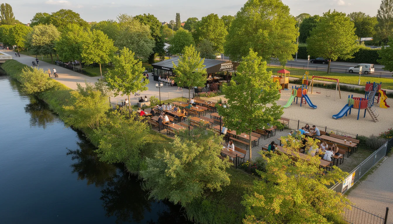 Eine Luftaufnahme des Biergarten Jockel am Landwehrkanal zeigt die großzügigen Spielplätze und schattenspendenden Bäume, umgeben von Familien, die die entspannte Atmosphäre in Kreuzberg genießen. Der Biergarten bietet eine Auswahl an Speisen und Getränken, ideal für Veranstaltungen und entspannte Nachmittage im Herzen von Berlin.