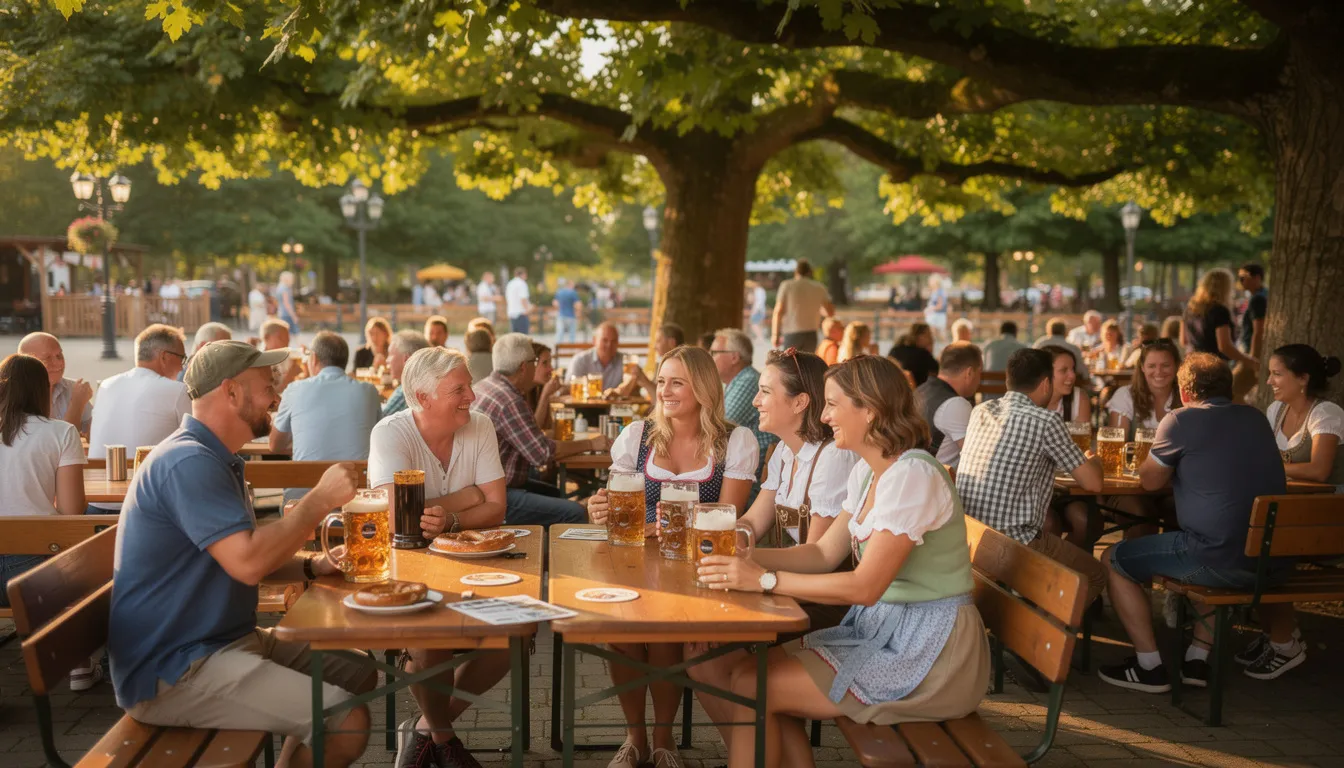 Ein weitläufiger Biergarten im Prater, umgeben von schattenspendenden Kastanienbäumen, zeigt Menschen verschiedener Altersgruppen, die entspannt Bier trinken und die gemütliche Atmosphäre genießen. Die langen Holzbänke laden zum Verweilen und geselligen Beisammensein ein.