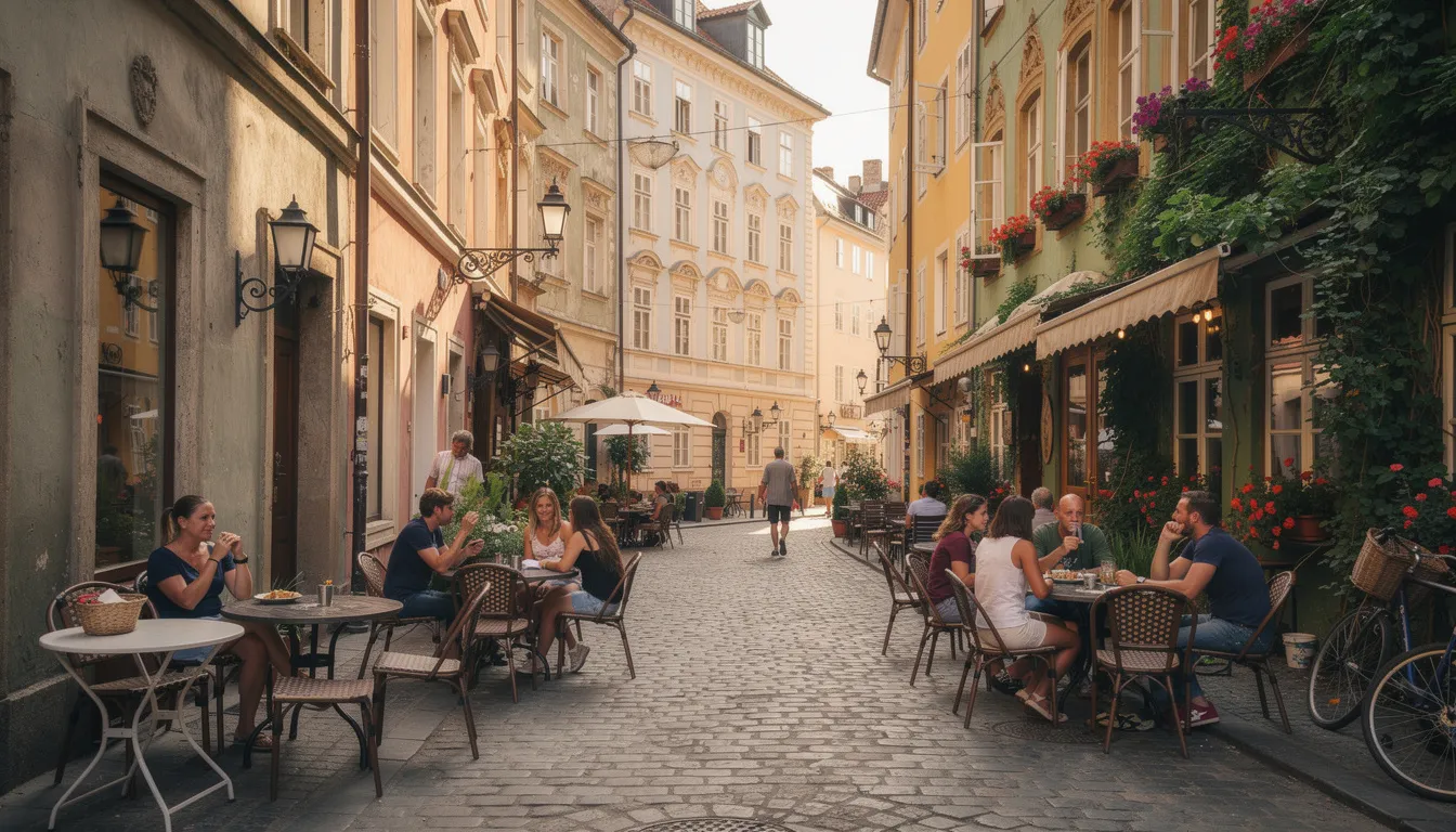 Eine lebhafte Straßenszene zeigt Menschen, die entspannt vor Cafés in Prenzlauer Berg sitzen, umgeben von historischen Altbauten und Kopfsteinpflaster. Kastanienbäume spenden Schatten und verleihen der Atmosphäre einen einladenden Charakter, während das Treiben der Gäste an den nahegelegenen Biergarten erinnert.