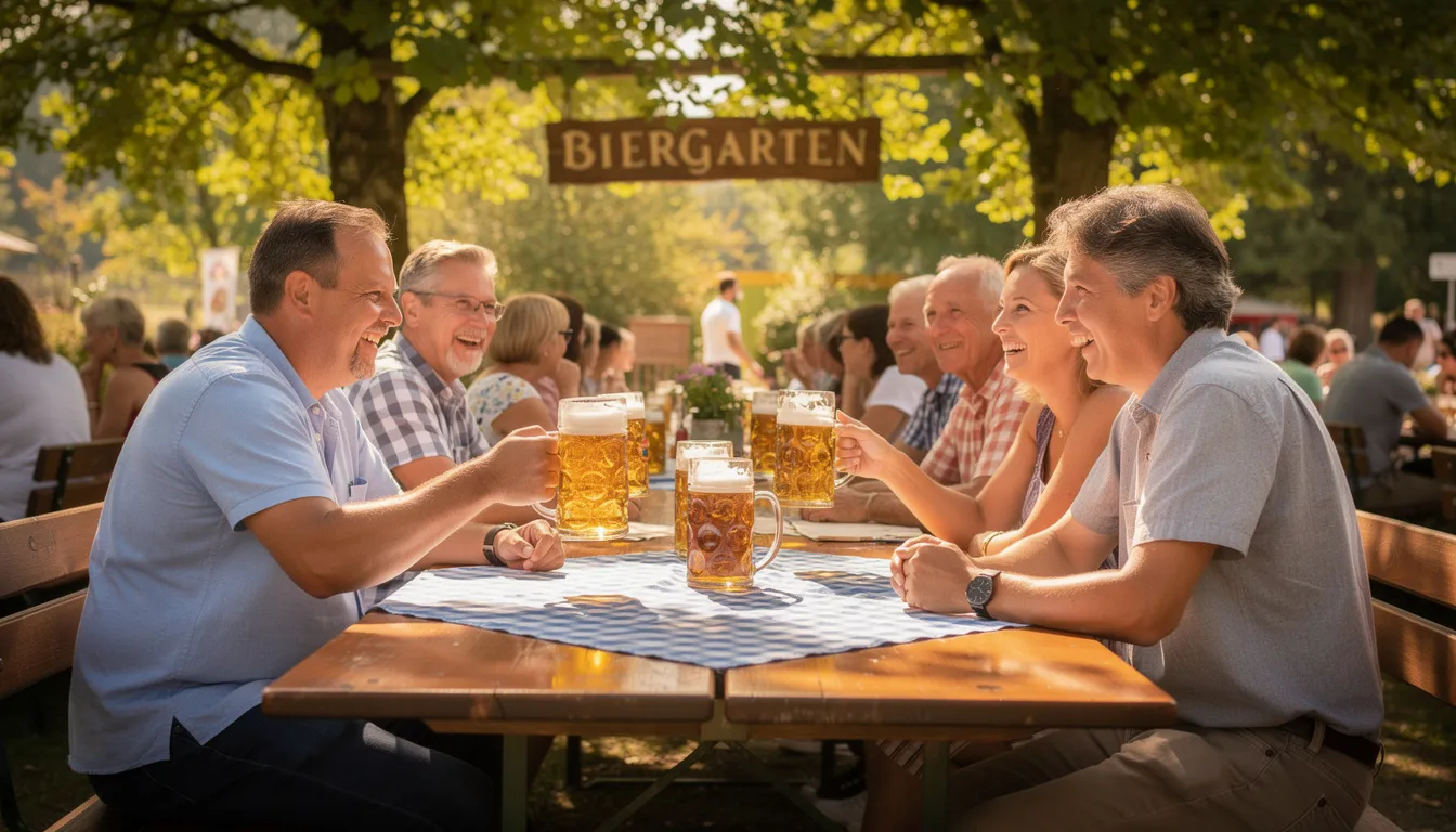 Im Biergarten unter den Kastanienbäumen sitzen Menschen an langen Holztischen, während das Sonnenlicht durch die Blätter scheint. Auf den Tischen stehen Bierkrüge, die eine gemütliche Atmosphäre im Pratergarten schaffen.