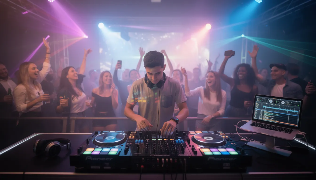 Das Bild zeigt eine lebhafte Feier im Biergarten Golgatha, wo DJ-Equipment aufgestellt ist und Menschen fröhlich zur Musik tanzen. Umgeben von Bäumen und Sonnenschirmen genießen die Gäste Cocktails und Essen, während die Abendsonne eine festliche Atmosphäre schafft.