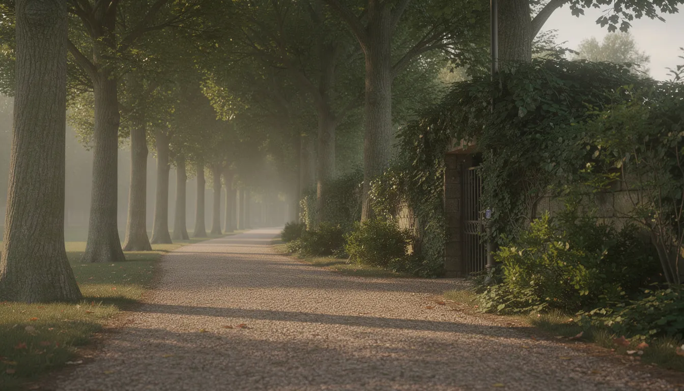 Ein schmaler Parkweg, gesäumt von hohen Bäumen, führt zu einem versteckten Eingang, der in eine ruhige Oase in Berlin Kreuzberg mündet. In der Nähe befindet sich der Golgatha Biergarten, wo Gäste unter Sonnenschirmen entspannen und die Atmosphäre genießen können.