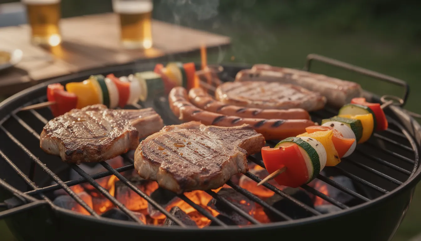 Ein Holzkohlegrill steht in einem lebhaften Biergarten, umgeben von Bäumen und Sonnenschirmen, während gegrillte Speisen wie Schweinekamm und Kolbasz verführerisch duften. Gäste genießen die entspannte Atmosphäre und den Blick auf den Viktoriapark, während sie in Liegestühlen sitzen und die Abendsonne erleben.